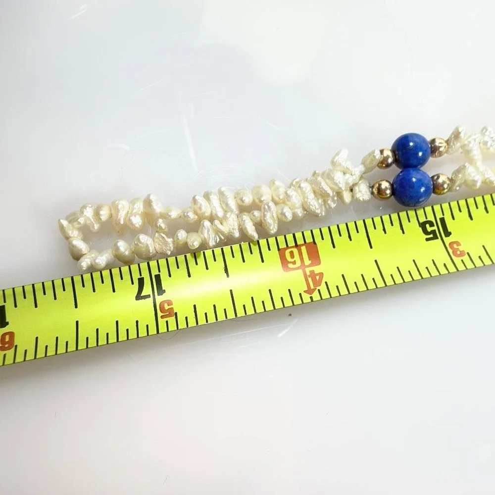 Vintage Rice Pearl Necklace Lapis Lazuli & 14K Gold Accent Beads 35